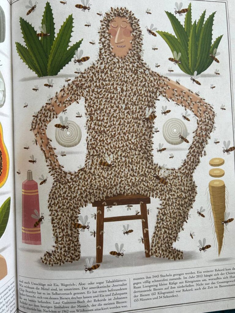 Illustrierte Buchseite mit einer von zahlreichen Bienen bedeckten Person sowie weiteren gezeichneten Bienen.