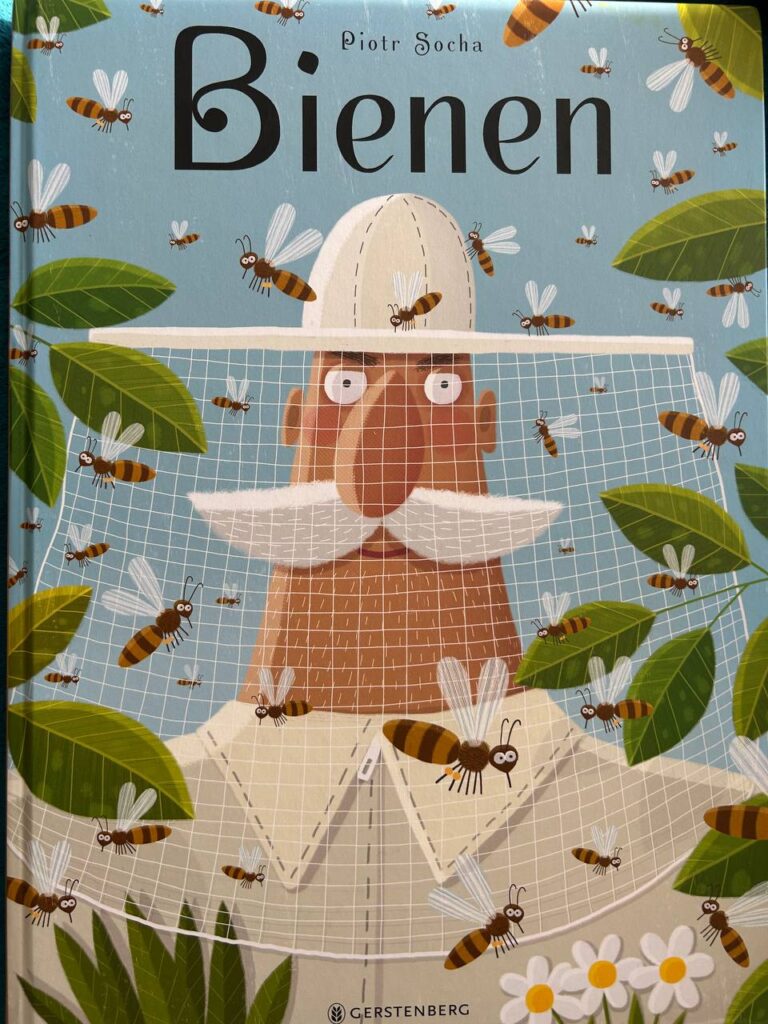 Buchcover mit dem Titel „Bienen“ und einer illustrierten Figur hinter einem Bienenschutznetz.
